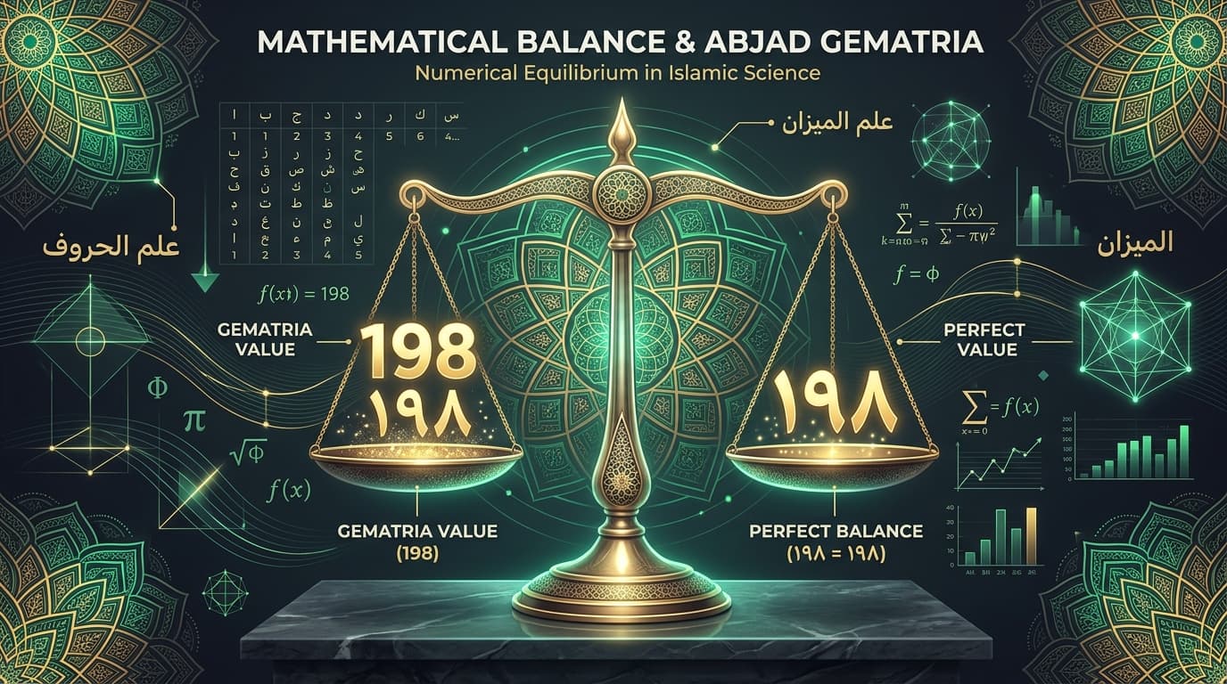 Surah Ikhlas 198 Gematria Numerical Equilibrium Infographic: Surah Ikhlas 198 = 198 Abjad gematria numerical balance scale