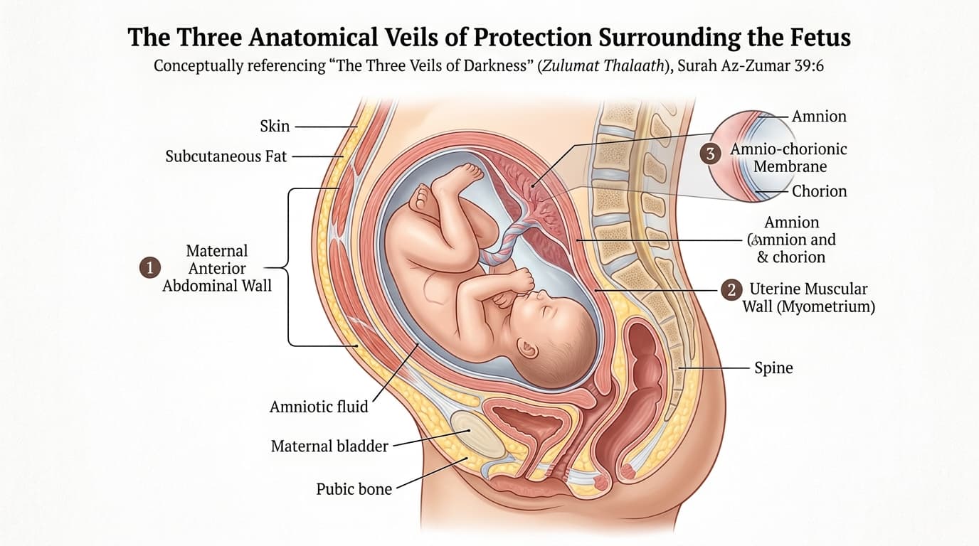 Three Veils of Darkness: Abdominal Wall, Uterine Wall, and Amnio-Chorionic Sac Anatomical cross-section of the Three Veils of Darkness (Zulumat Thalaath) in the human womb
